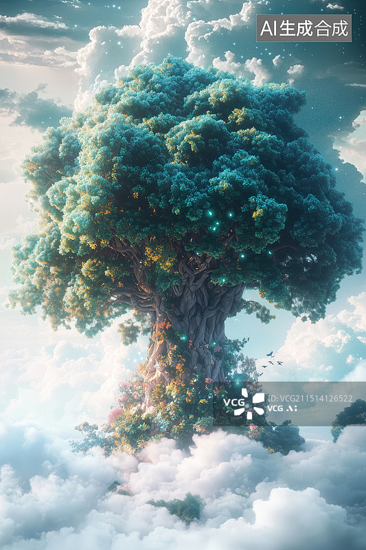 【AI数字艺术】神话高耸入云枝叶茂盛的世界树3D立体插画图片素材