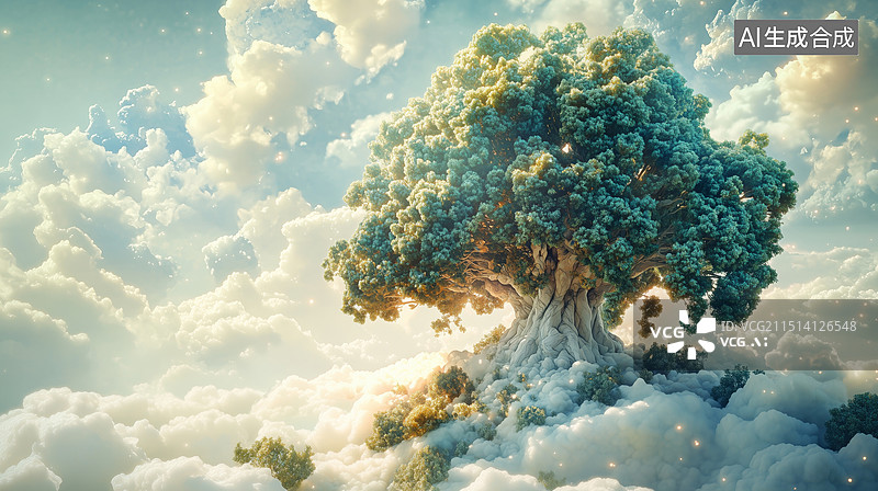【AI数字艺术】神话高耸入云枝叶茂盛的世界树3D立体插画图片素材