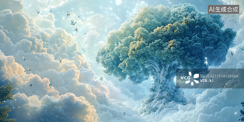 【AI数字艺术】神话高耸入云枝叶茂盛的世界树3D立体插画图片素材