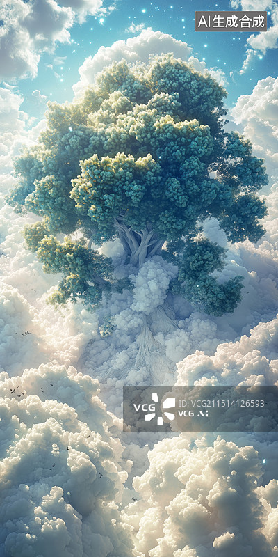 【AI数字艺术】神话高耸入云枝叶茂盛的世界树3D立体插画图片素材