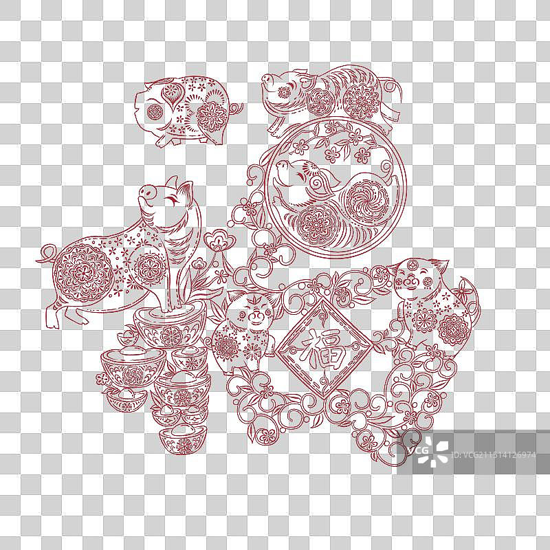 十二生肖猪年福字线稿图片素材