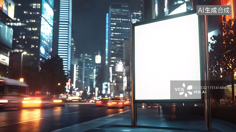 【AI数字艺术】夜晚都市马路边空白广告牌图片素材
