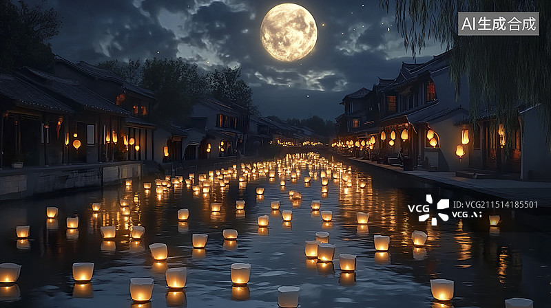 【AI数字艺术】中秋节元宵节莲花灯许愿图片素材