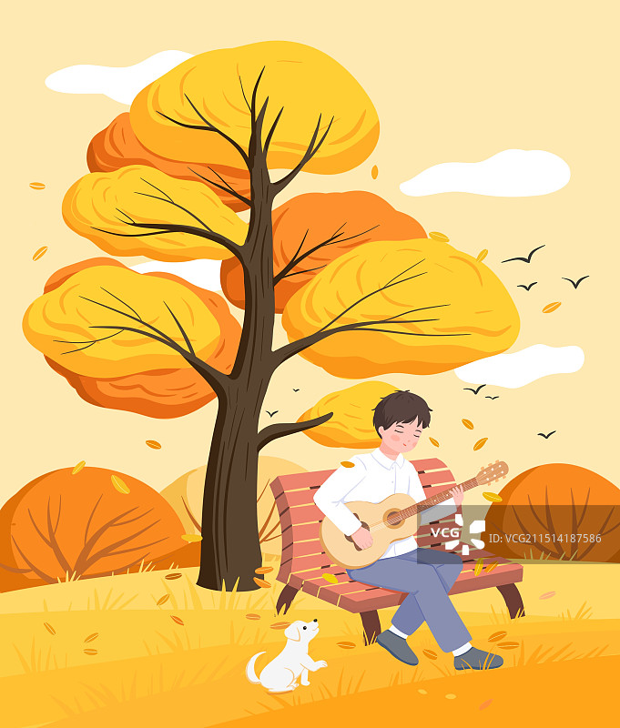 秋天树下弹吉他的人图片素材