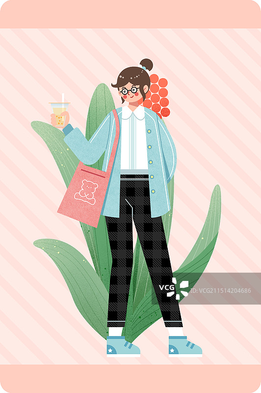 扁平风卡通小女孩与植物背景装饰插画图片素材