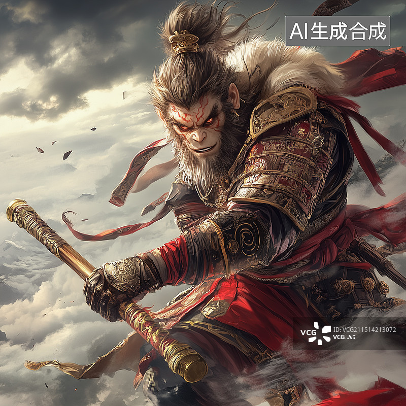 【AI数字艺术】3D镀金盔甲孙悟空与金箍棒 国潮风插画孙悟空 新春生肖猴 猴年 西游记大圣归来悟空的场景氛围图片素材