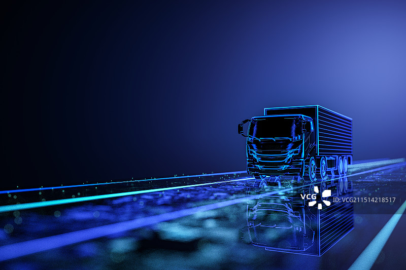 蓝色背景下的科技道路上行驶的快递物流车图片素材