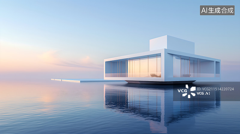 【AI数字艺术】水面上的白色极简主义落地玻璃建筑图片素材