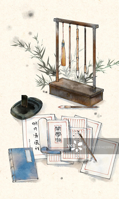 文房四宝笔墨纸砚——中国风国风古风水墨水彩插画背景图片素材