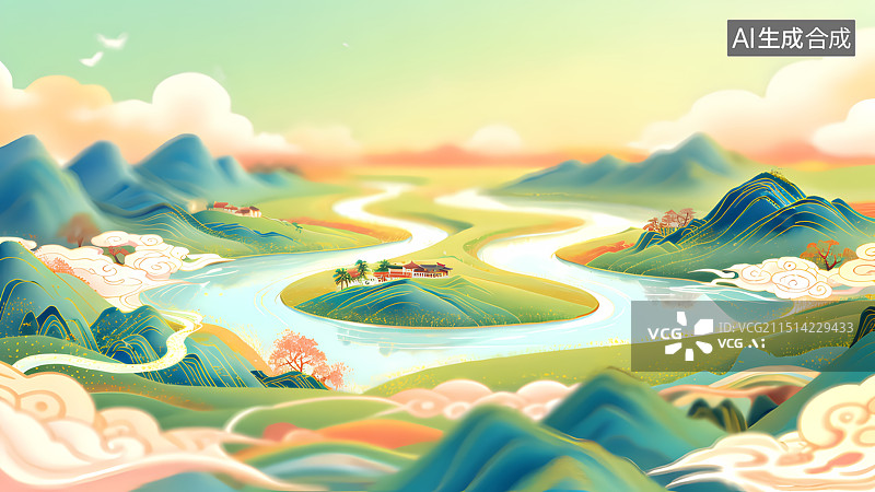 【AI数字艺术】山水风景插画图片素材
