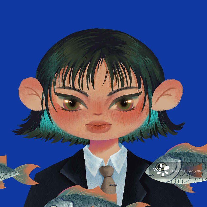 女孩和鱼蓝色背景甜酷 头像插图插画图片素材