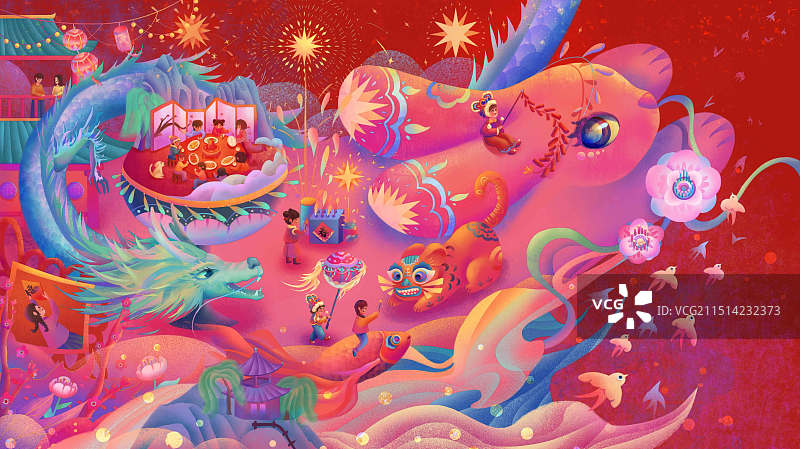 民俗春节插画卯兔迎春龙腾好运宣传插画烟花喜庆图片素材