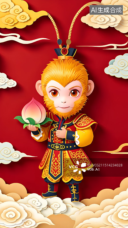 【AI数字艺术】3D渲染Q版孙悟空，齐天大圣，中国神话人物，孙悟空图片素材