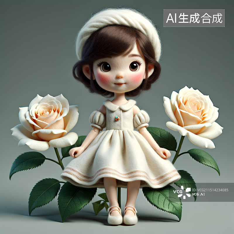 【AI数字艺术】3D渲染，时尚娃娃与玫瑰花，洋娃娃，人偶与玫瑰，壁纸图片素材
