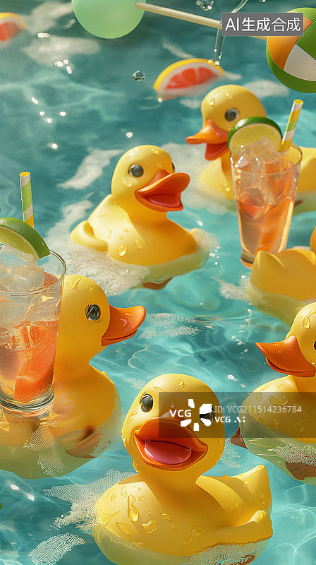 【AI数字艺术】夏日泳池艺术时尚小黄鸭清凉派对图片素材