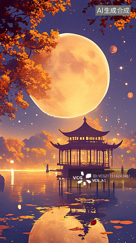 【AI数字艺术】中秋节夜晚的湖面图片素材