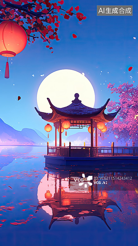 【AI数字艺术】中秋节夜晚的湖面图片素材