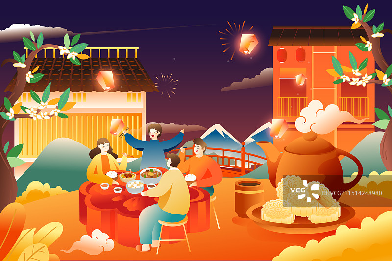 卡通中秋节家人亲子团圆美食餐饮月饼玉兔嫦娥兔子古代神话传说古建筑自然风景古风中国风国潮渐变矢量插画图片素材