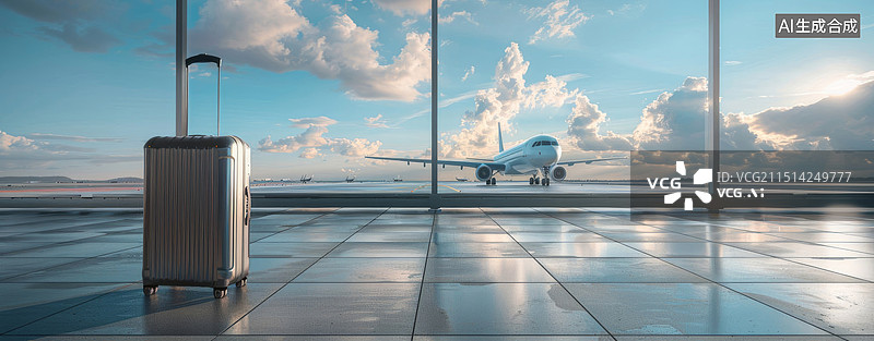 【AI数字艺术】机场航站楼候机室内的旅行箱图片素材