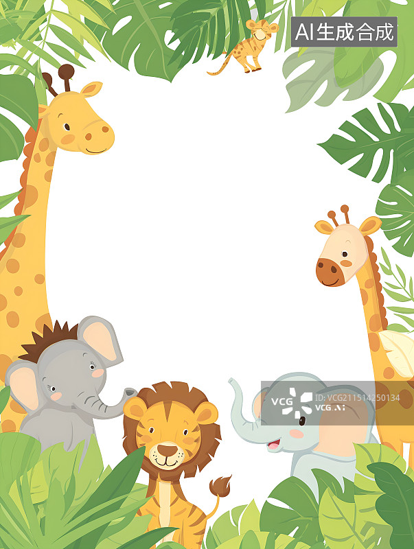 【AI数字艺术】卡通手绘丛林中的小动物/野生动物园主题白色背景图片素材