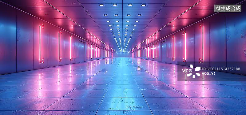 【AI数字艺术】彩色发光灯带科技感隧道背景图片素材
