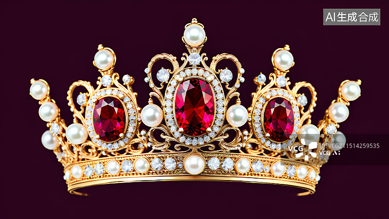 【AI数字艺术】3D渲染，一顶黄金皇冠，红宝石，珍珠皇冠图片素材