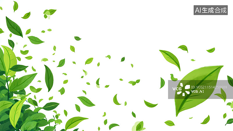 【AI数字艺术】手绘插画，白色背景上纷飞的绿色茶叶，叶子，茶文化，茶道背景图图片素材