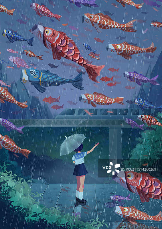 下雨天撑伞的小女孩和游空中的鱼图片素材