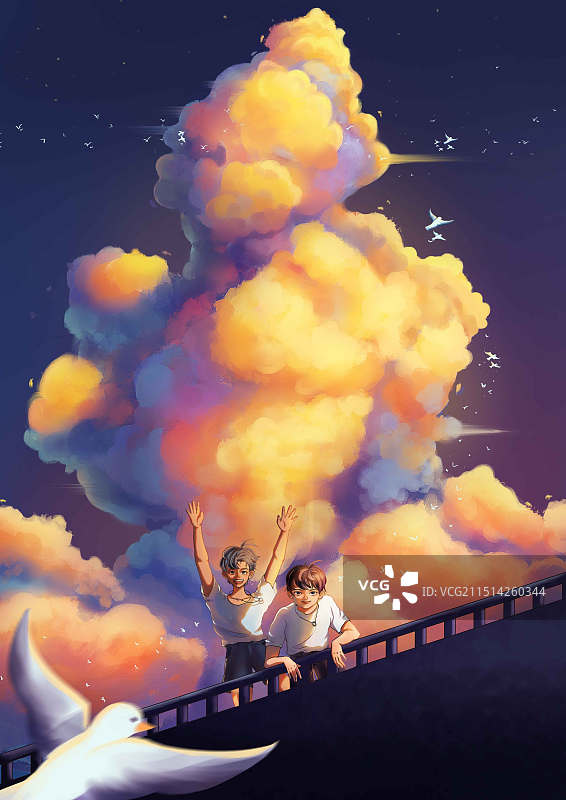 夕阳下的少年在天台打招呼图片素材