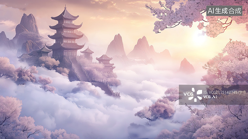【AI数字艺术】国风神话空场景插画-山水奇境图片素材