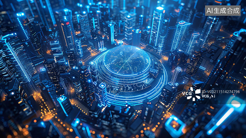 【AI数字艺术】插图未来城市景观中心有一个巨大的发光球体图片素材