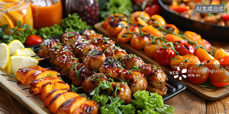 【AI数字艺术】烤鸡肉串和蔬菜串图片素材