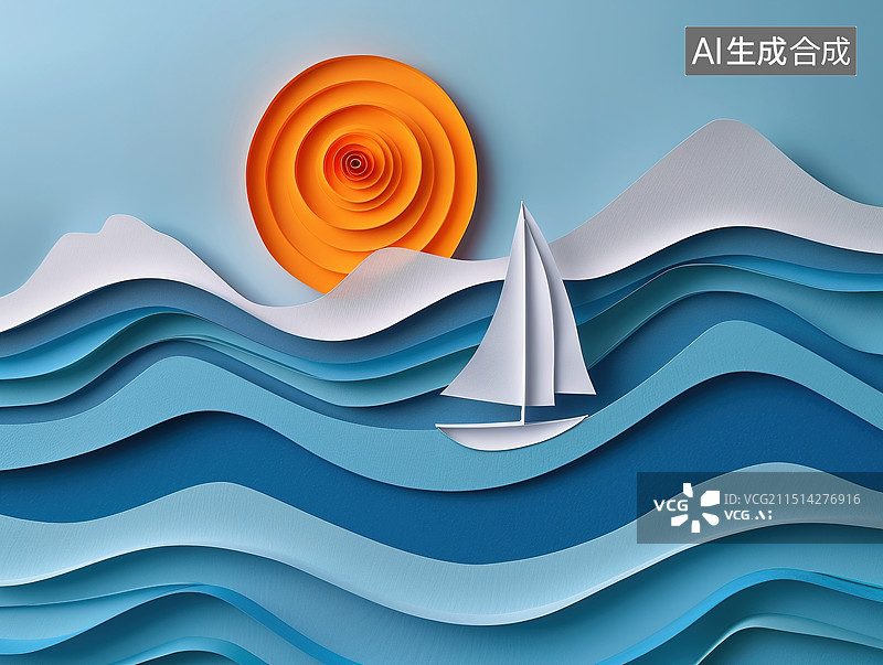 【AI数字艺术】帆船剪纸风场景图片素材