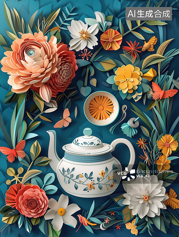 【AI数字艺术】茶话会剪纸风场景图片素材