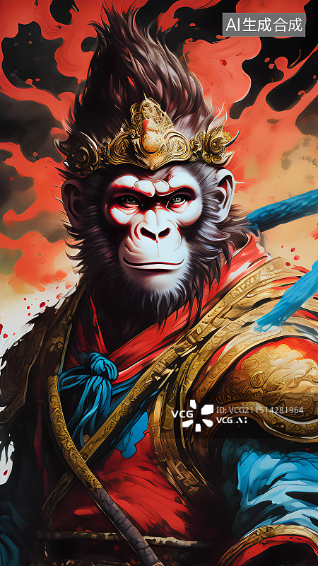 【AI数字艺术】国风手绘，水墨画孙悟空，齐天大圣，中国神话人物，孙悟空，美猴王图片素材