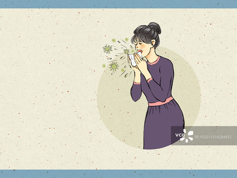 流感疫情感冒生病插画，打喷嚏，过敏，鼻炎。图片素材
