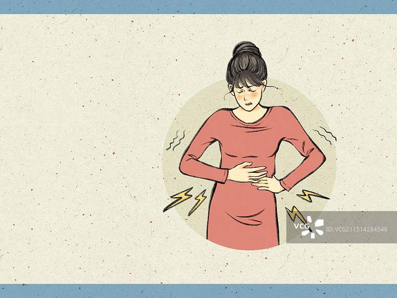 流感疫情感冒生病插画，腹痛，胃痛，痉挛，胃病。图片素材