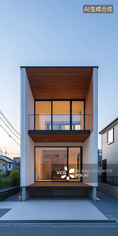 【AI数字艺术】现代两层木质天花板和阳台的房屋图片素材