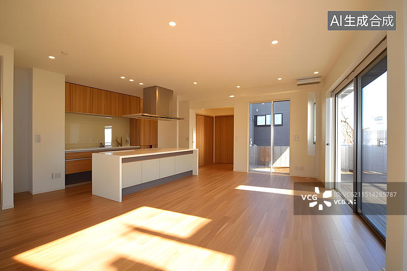 【AI数字艺术】现代厨房室内设计，木地板图片素材