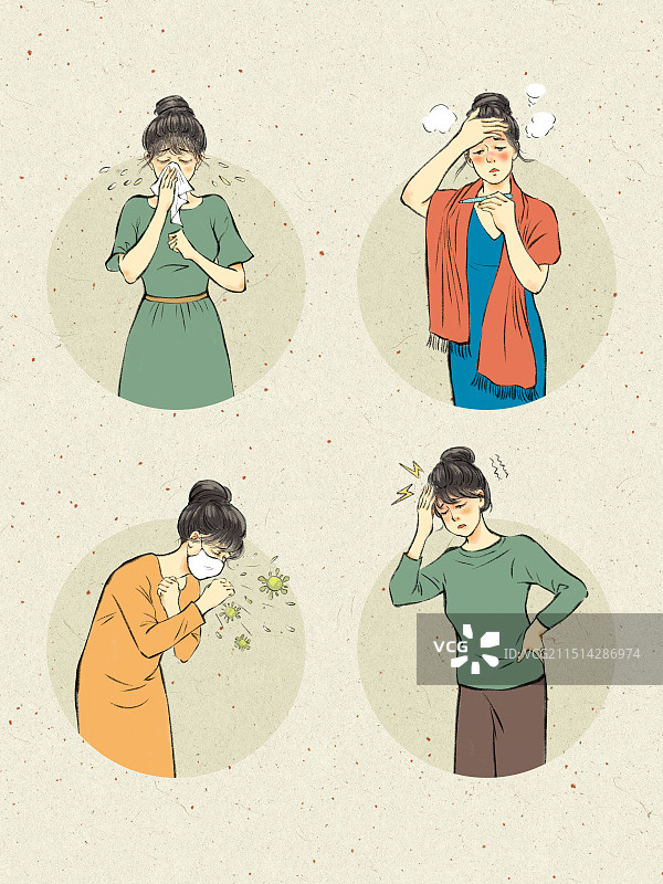 流感疫情感冒生病插画，头痛发热流鼻涕咳嗽。图片素材