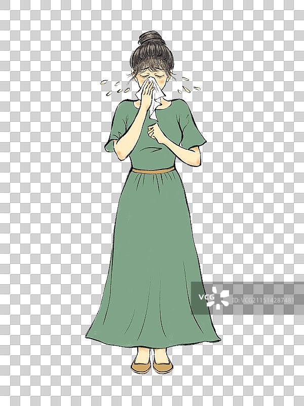 手绘流感疫情感冒生病清新卡通全身人物元素，流鼻涕，鼻塞，鼻炎，过敏。图片素材