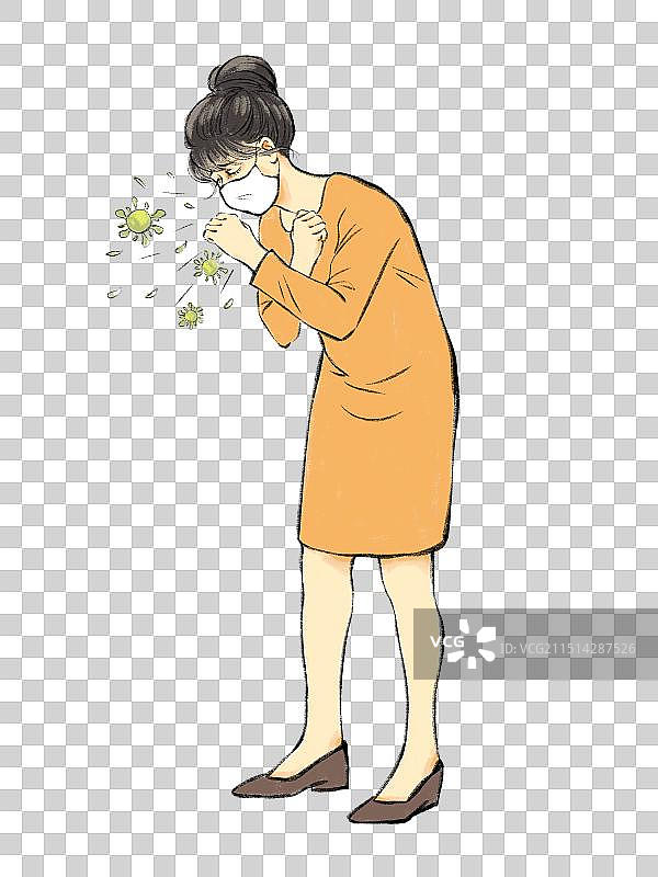 手绘流感疫情感冒生病清新卡通全身人物元素，咳嗽，打喷嚏。图片素材