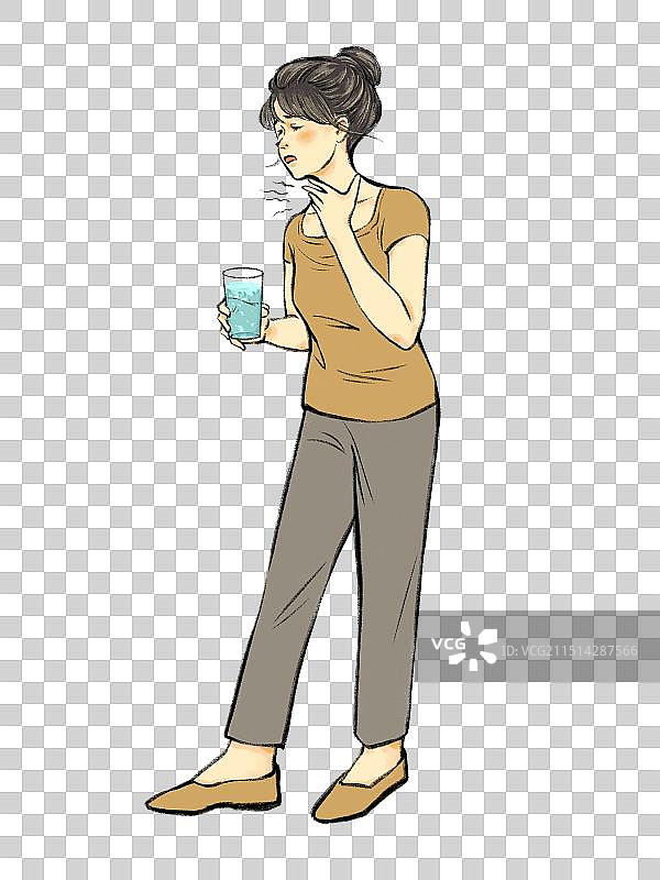 手绘流感疫情感冒生病清新卡通全身人物元素，咽喉炎，咽干，咽喉疼痛。图片素材