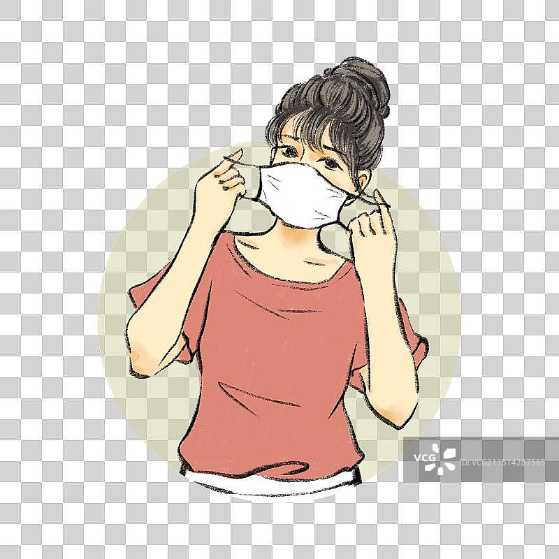 手绘流感疫情感冒生病清新卡通全身人物元素，戴口罩的年轻女人。图片素材