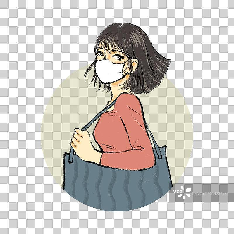 手绘流感疫情感冒生病清新卡通全身人物元素，戴口罩的年轻女人。图片素材