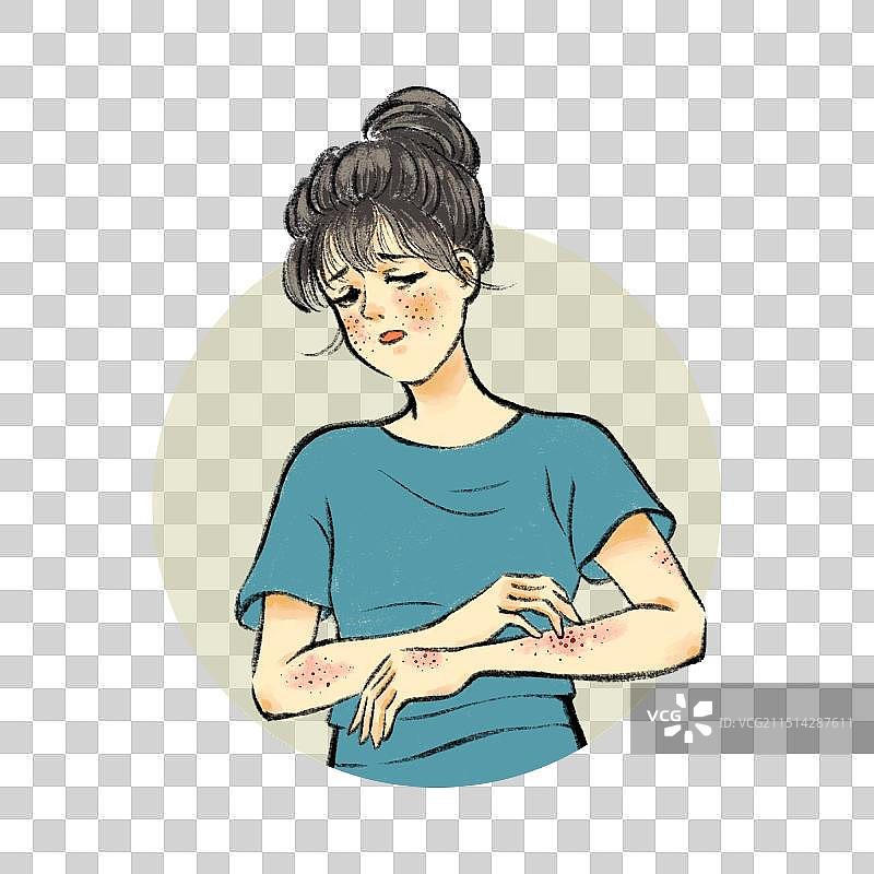 手绘流感疫情感冒生病清新卡通全身人物元素，皮肤病，瘙痒，湿疹，过敏，红斑，丘疹，抓挠。图片素材