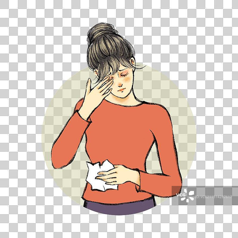 手绘流感疫情感冒生病清新卡通全身人物元素，眼睛干涩，结膜炎，眼睛疼痛，眼睛痒，流泪，异物感。图片素材