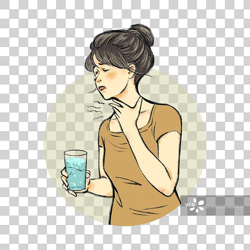 手绘流感疫情感冒生病清新卡通全身人物元素，咽喉炎，咽干，咽喉疼痛。图片素材