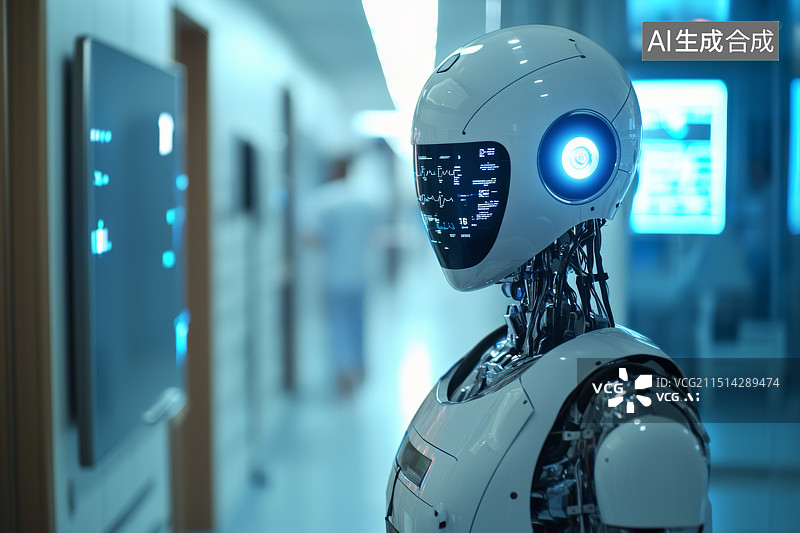 【AI数字艺术】医院走廊中的智能护理机器人辅助医疗护理工作图片素材