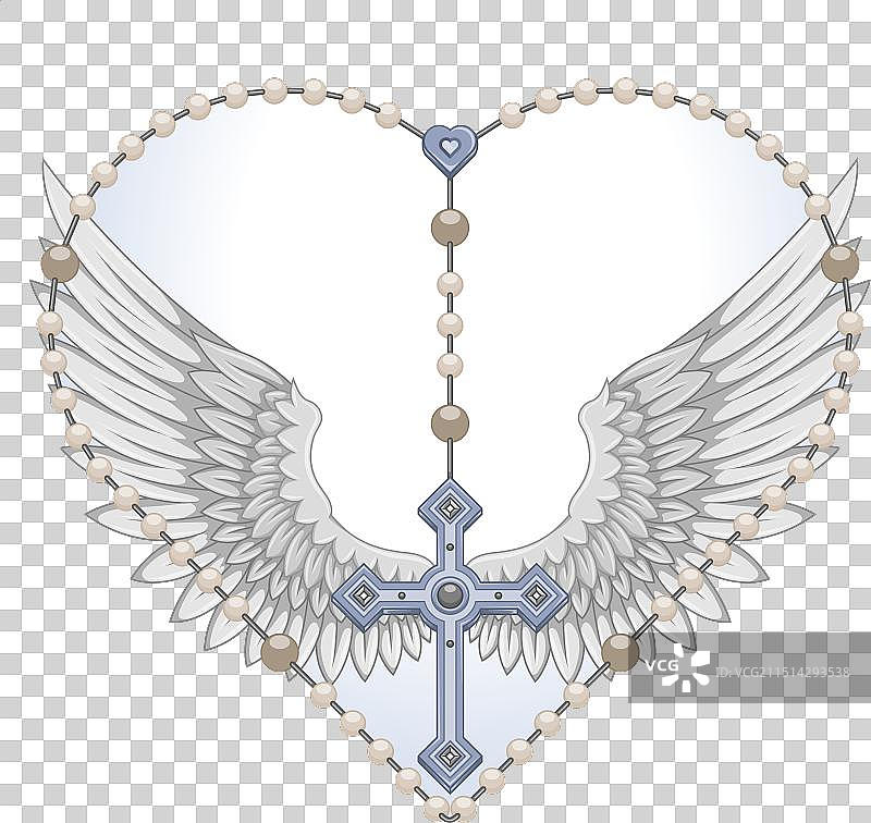 带心形念珠的基督教翅膀十字架图片素材